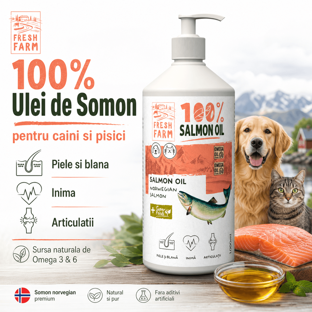 FRESH FARM Ulei de Somon, supliment piele & blană, sistem cardio-vascular câini, ulei FRESH FARM Ulei de Somon, XS-XL, supliment piele & blană, sistem cardio-vascular câini și pisici, flacon, 1l ulei - imagine 5